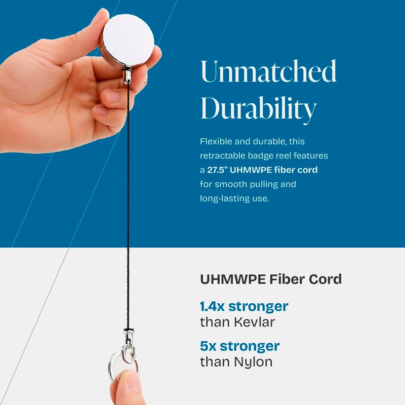 Will Well ID Badge Holder Reel with Clip and Keyring - Heavy-Duty All-Metal Casing with 27.5"UHMWPE Fiber Pull Cord for Durability and Easy Access, Holds up to 8 Keys - 2-Pack, Round, Glossy Silver - Image 3